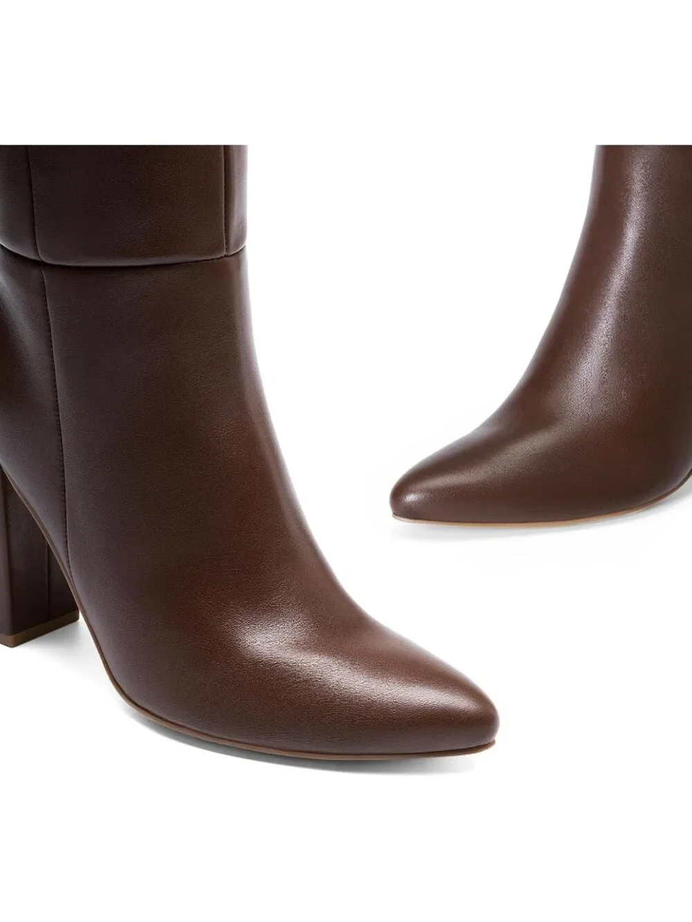 Women's Brown Faux Leather Chunky Heel Pointed Toe Side Zipper Knee High Boots